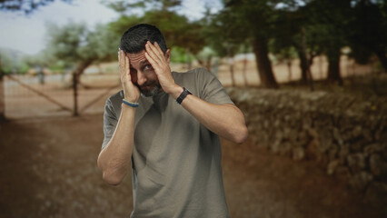 Man covering face with both hands in a forest near a stone wall and gate; distress solitude...