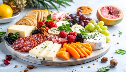Obraz premium Delicious charcuterie board featuring assorted cheeses, fruits, nuts, and meats arranged on a white platter, perfect for a party or gathering, creating a festive and inviting atmosphere.
