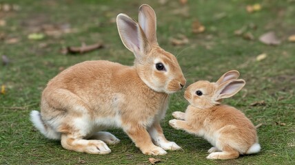 Fototapeta premium A mother rabbit and her baby rabbit are together on the grass in a close up outdoor shot
