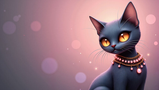 Fancy gray cat wearing a pink jeweled collar, on sparkling pink background with space for text