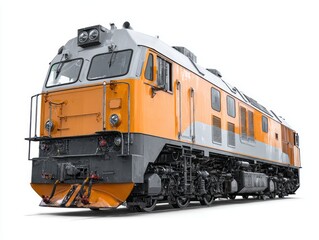 Obraz premium A detailed view of a large, modern diesel locomotive, rendered in vibrant orange and gray tones, set against a plain white backdrop.