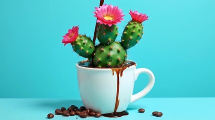 Cactus growing out of coffee mug, exaggerated surreal viral design, playful absurd meme
