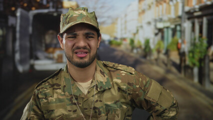 Hispanic man in camouflage military uniform stands with hands on hips wearing dogtags on sunlit...