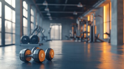 A modern fitness center's interior displays two weighted dumbbells resting on the polished concrete floor, emphasizing the space's industrial design.
