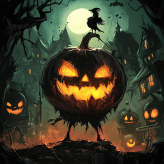 Fototapeta premium halloween, illustration, background, cover, night, scary, dark, october, celebration, spooky, haunted, horror, pumpkin, bat, house, moon, bats, card