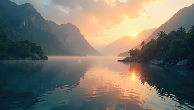 Serene bay at dawn, mist clinging to the water, sunlight illuminating the tranquil scene Perfect for travel, nature, and calming imagery , bay, mist