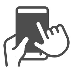 Mobile phone upright in hand solid icon, using smartphone concept, touch screen with index finger sign on white background, glyph style icon for mobile and web design. Vector graphics.