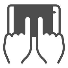 Touchscreen smartphone with two fingers of hands solid icon, using mobile phone concept, cellphone sign on white background, glyph style icon for mobile and web design. Vector graphics.