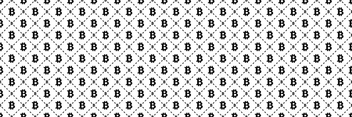 horizontal seamless black bitcoin symbol in dashed line square pattern for design and background.