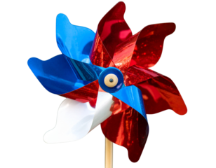 Red White and Blue Patriotic Pinwheel Spinner Toy with Shiny Metallic Blades, Front View, Isolated on Transparent Background