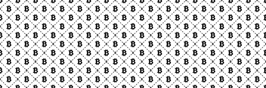 horizontal seamless black bitcoin symbol in dashed line square pattern for design and background.