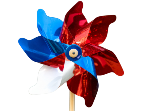 Red White and Blue Patriotic Pinwheel Spinner Toy with Shiny Metallic Blades, Front View, Isolated on Transparent Background