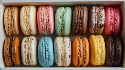 白い箱に二段でぎっしり並んだ色とりどりのマカロン