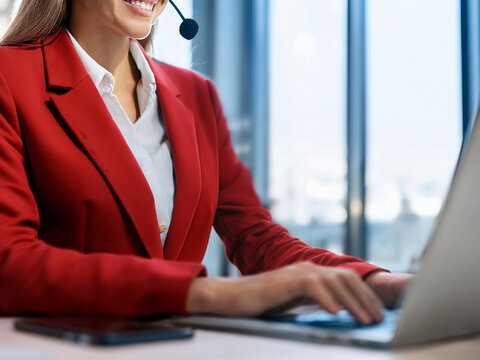 Teleoperadora de atenci&oacute;n al cliente escribiendo en el ordenador