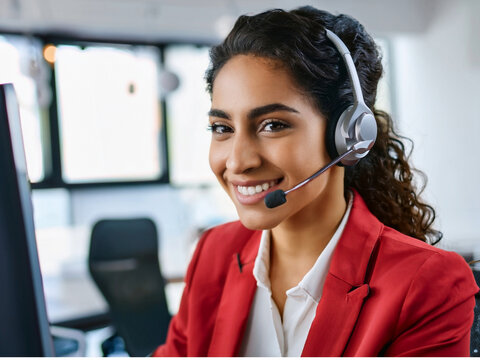 Teleoperadora de atenci&oacute;n al cliente feliz y sonriente con auriculares en el lugar de trabajo con chaqueta roja