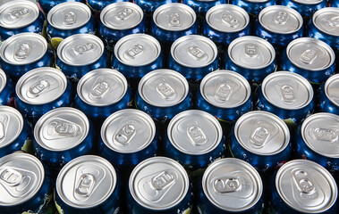 Aluminum beverage cans used in the food and brewing industries. Packaging made from recycled material.