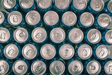 Aluminum beverage cans used in the food and brewing industries. Packaging made from recycled material.