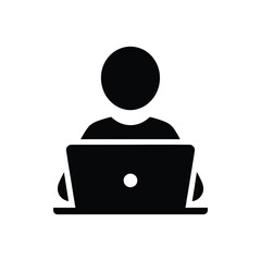 A versatile black glyph icon of a person using a laptop computer, a simple vector symbol for working from home, online learning, and user profile concepts