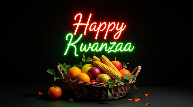 Celebrate kwanzaa with a vibrant basket of fruits and corn, illuminated by neon lights spelling happy kwanzaa, set against a dark backdrop, symbolizing unity and tradition