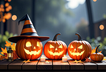 Halloween Pumpkins with Witch Hat and Candlelight, Background.