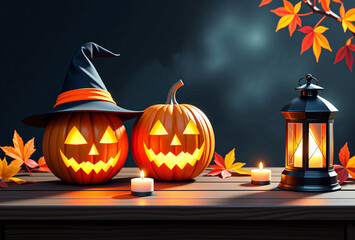 Halloween Pumpkins with Witch Hat and Candlelight, Background.