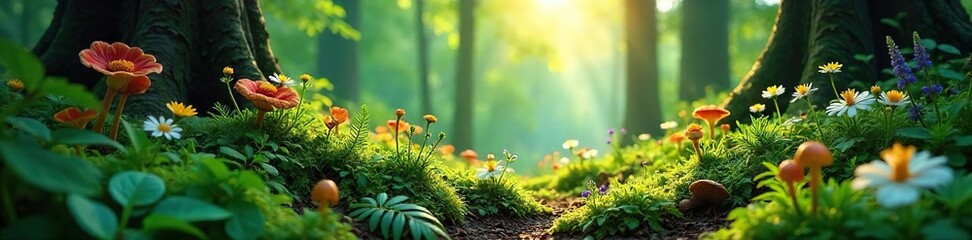 Fototapeta premium Lush green forest floor teeming with diverse wildflowers, ferns, and mushrooms Sunlight dapples through the canopy, illuminating vibrant foliage , woods, ecology