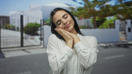 Woman blissfully dreaming outdoors on a sunny street, exemplifying serenity with eyes closed in a...