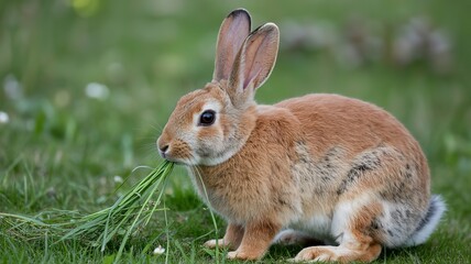 Fototapeta premium A light brown rabbit sitting in green grass and eating grass with its mouth in a close up view