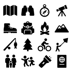 Outdoor Adventure Icon Set: a comprehensive collection of icon graphics representing the essence of exploration, travel, and the great outdoors. 