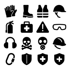 Safety Equipment: A comprehensive illustration of essential safety equipment, including gloves, boots, vests, hard hats, and first aid kit symbols, underscores a dedication to workplace protection.