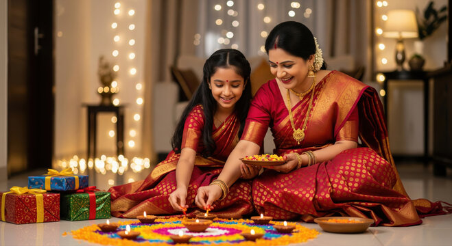 Indian mother and daughter in colorful sarees light diyas and decorate a vibrant rangoli during a festive Diwali celebration at home.