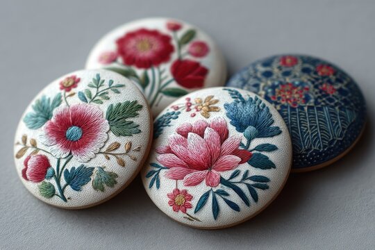 Four embroidered wooden buttons, featuring floral designs in varying colors and patterns, arranged on a light gray surface