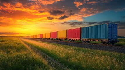 Fototapeta premium Cargo train at sunset over field; scenic transportation; possible use for business, tourism, or stock