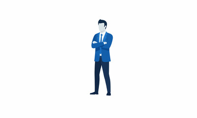 Stylized businessman in blue suit with crossed arms, confident pose, flat vector illustration.