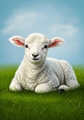 Fototapeta premium White Lamb Resting in Green Grass Field