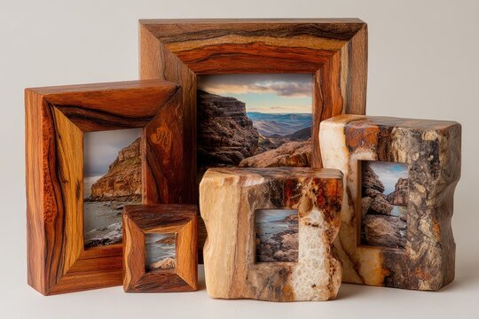 Wooden picture frames in varying sizes and wood types