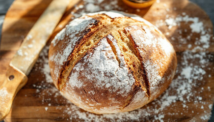 Top-down close-up of freshly baked sourdough bread on wooden board
