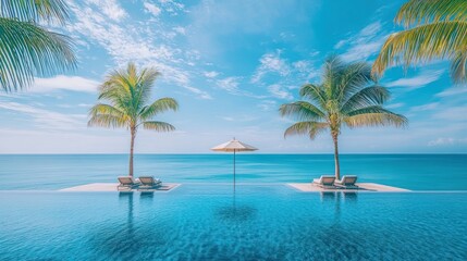 Tropical infinity pool, calm ocean, palm trees, sunny day, relaxing resort, vacation