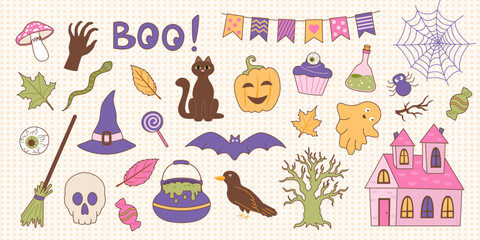 Fototapeta premium Set of Halloween objects. Halloween collection of elements. Vector flat cliparts in retro style.