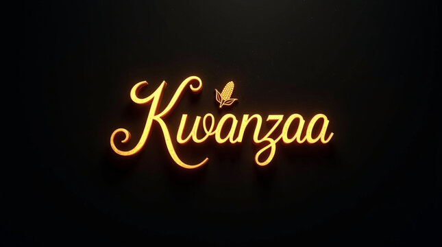 Elegant kwanzaa celebration text design a festive golden script with symbolic corn illustration, perfect for holiday greetings, cultural events, and warm seasonal wishes on dark backdrop