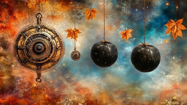 Steampunk-inspired cosmos with gears, apples, and leaves