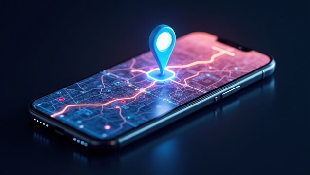 Pantalla de teléfono inteligente que muestra un mapa colorido de la ciudad con un pin de navegación, rodeado de elementos de interfaz digital