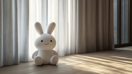 White rabbit toy, sunlight through window, modern room, children's decor, interior design
