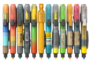 Collection of colorful highlighters with chisel tipsisolated on transparent bakground; marker set includs open and closed markers or design or stationery thme