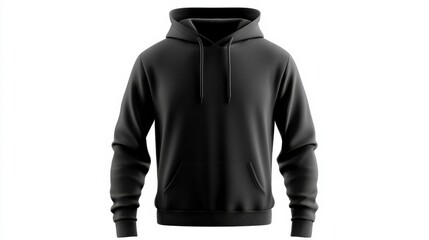 A full, front-view mockup of a black hoodie, presented against a plain white background, highlighting its design and construction details.