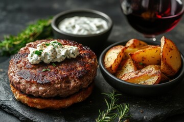 A flavorful gourmet burger with a creamy topping and roasted potato wedges sits on a dark slate surface, inviting a delightful meal.