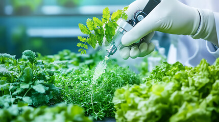 Scientist applying solution to plants in a controlled environment