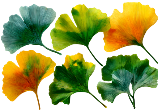 Collection of ginkgo biloba leaves isolated on transarent background; ginkgo st includes green and yello fan-shaped leaves for botnical, seasonal, or wellnes themes