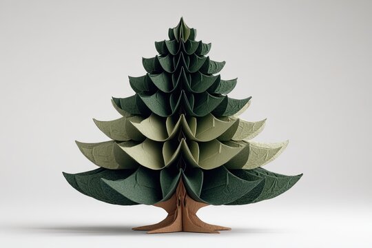 3D Christmas tree, origami style, muted greens and beige