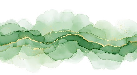 Soft green watercolor with golden shimmer evokes elegance and tranquility